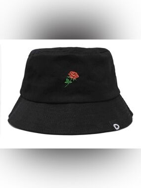 Dalix Black Bucket Hat with Red Rose Embroidery